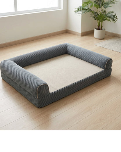 Dbmxf Large L-Shaped Corduroy Bolster Dog Bed Slate Oatmeal 112 cm - Lifestyle view