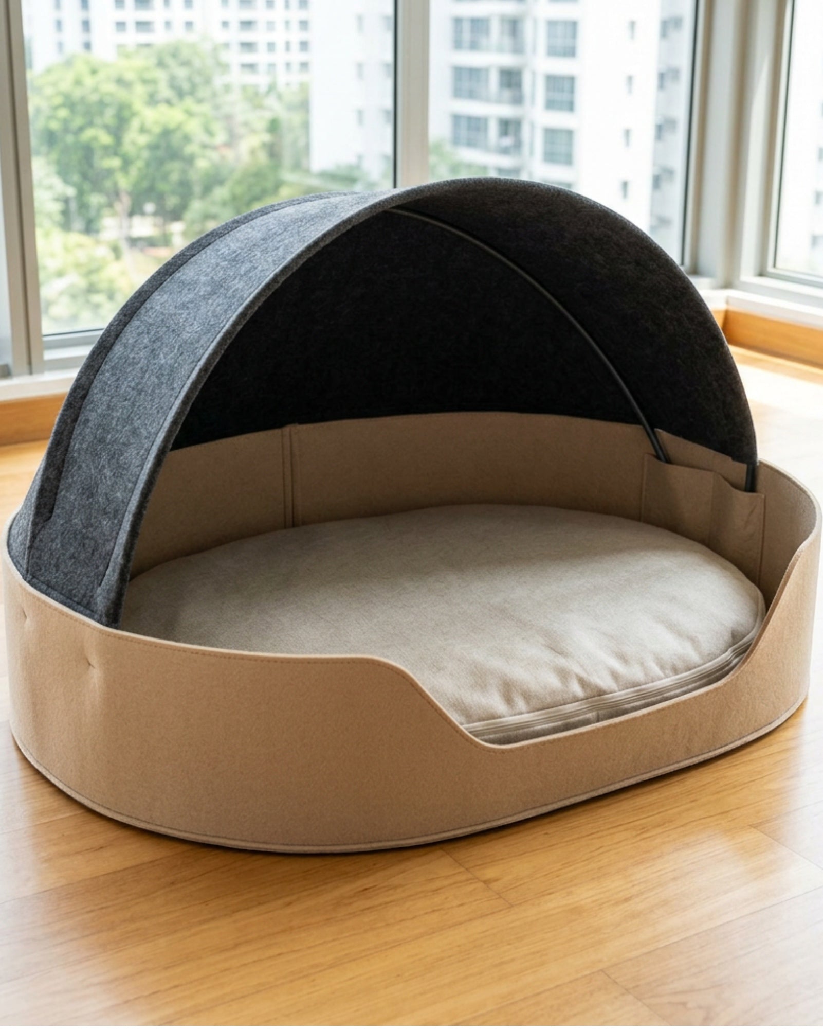 Dbmxf Large Removable-Hood Felt Cave Dog Bed Sand Charcoal 105 cm - Lifestyle view